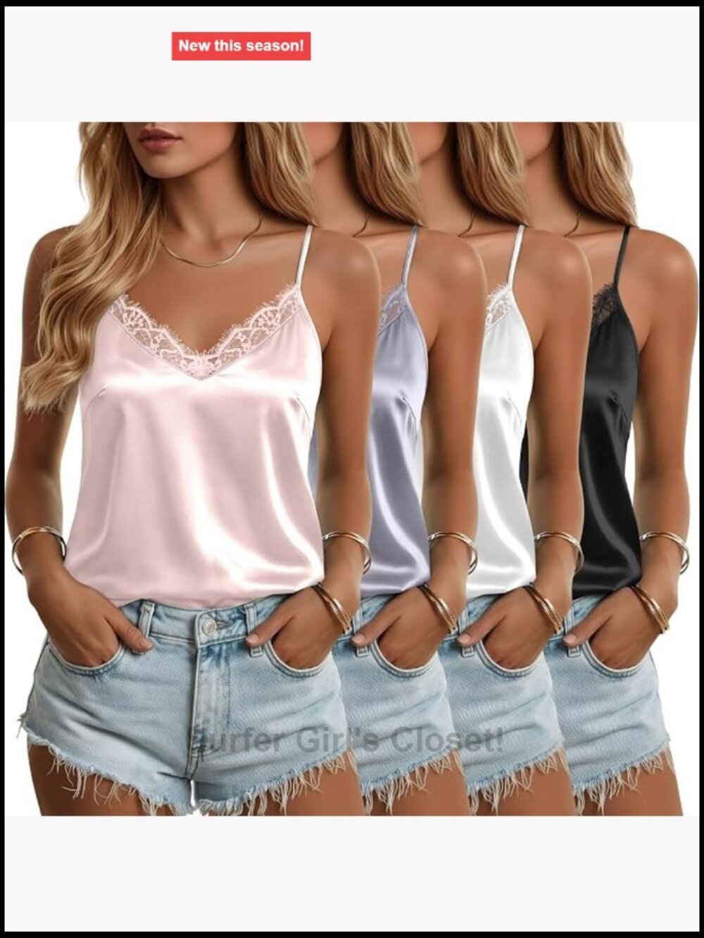 4 Pack Satin Camisole Lace Trim Tank Top Spaghetti Strap V Neck